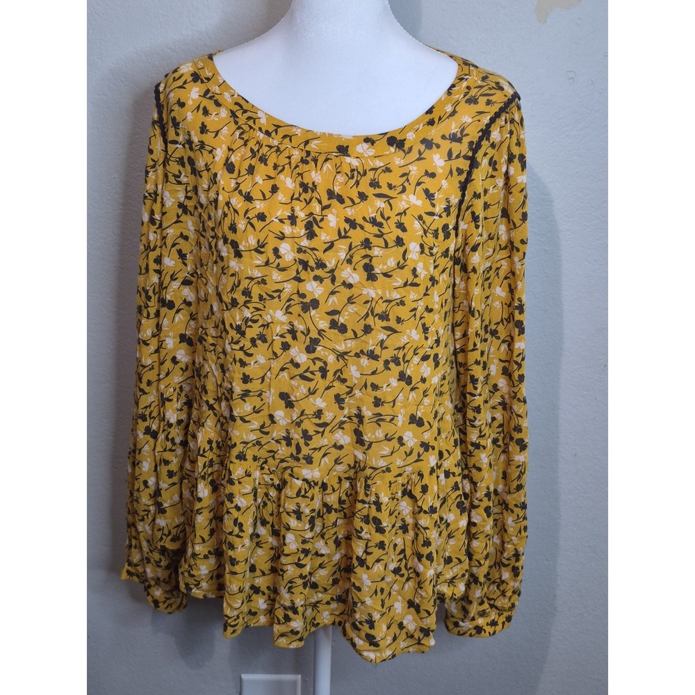 Maeve Anthropologie Mustard Yellow‎ Floral Peplum Blouse Long Sleeve Medium